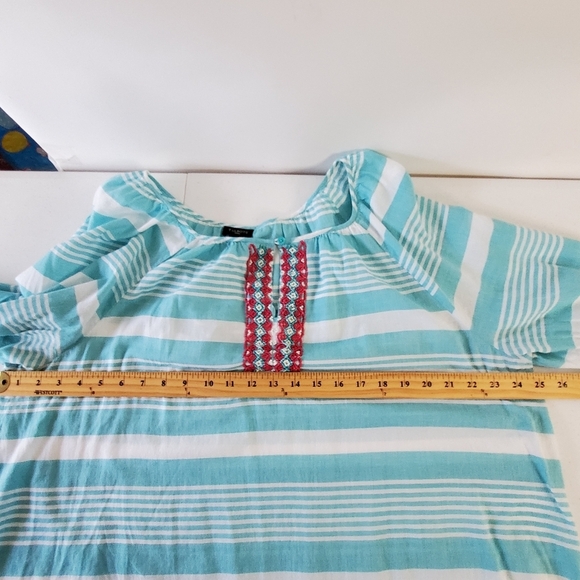Talbots Woman Beaded Striped Top Size 2X Blue White Cotton Boho Popover Coastal - Picture 6 of 12